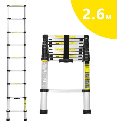 TolleTour Échelle télescopique de 2.6m en Aluminium . Multifonction échelle télescopique élevée d'échelle de loft de but télescopique noir