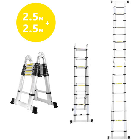 TolleTour Échelle télescopique de 2.5+2.5m en Aluminium . Multifonction échelle télescopique élevée d'échelle de loft de but télescopique noir