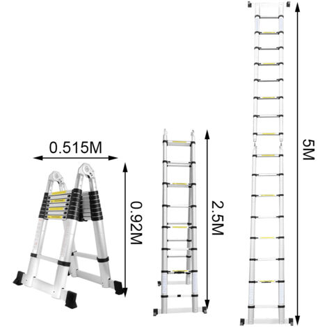 TolleTour Échelle télescopique de 2.5+2.5m en Aluminium . Multifonction échelle télescopique élevée d'échelle de loft de but télescopique noir