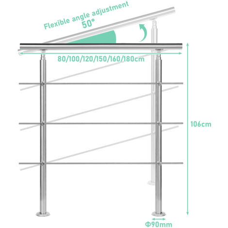 SWANEW Main courante en acier inoxydable, acier brossé, 180 cm, support mural, garde-corps d'escalier avec chevilles métalliques