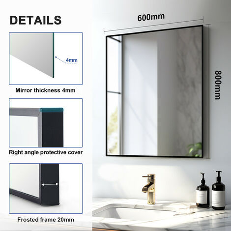 Meykoers Bathroom Mirror 60x80cm Wall Hanging Mirror with Black Frame, Rectangle Modern Wall Mounted Mirror