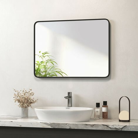 Meykoers Bathroom Mirror 50x70cm Wall Hanging Mirror with Black Frame, rounded rectangle Modern Wall Mounted Mirror