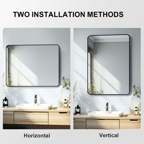 Meykoers Bathroom Mirror 50x70cm Wall Hanging Mirror with Black Frame, rounded rectangle Modern Wall Mounted Mirror