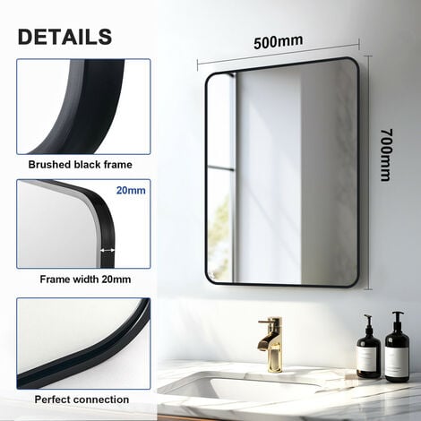 Meykoers Bathroom Mirror 50x70cm Wall Hanging Mirror with Black Frame, rounded rectangle Modern Wall Mounted Mirror