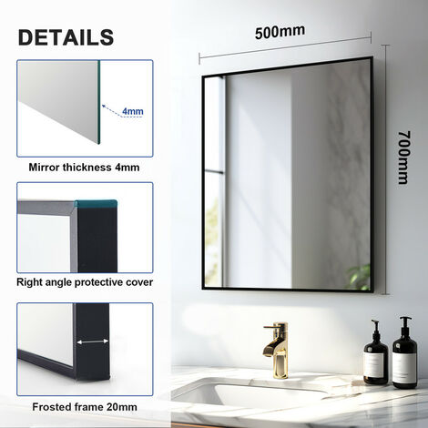 Meykoers Bathroom Mirror 50x70cm Wall Hanging Mirror with Black Frame, Rectangle Modern Wall Mounted Mirror