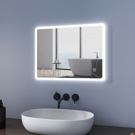 Meykoers LED Bathroom Mirror 60x45cm with Touch, Demister & brightness adjustment, Wall-Mounted Illuminated Bathroom Mirror