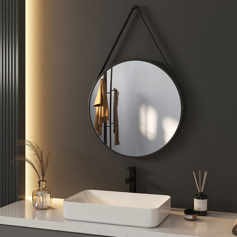 Meykoers Bathroom Round Mirror ф50cm Modern Bathroom Hanging Wall Mirror Black Frame with ...