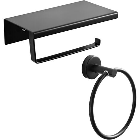Meykoers 3-in-1 accessory set Matte Black Toilet roll holder and Towel Ring, Stainless Steel towel rack hook + Towel Ring