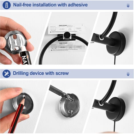 Meykoers 3-in-1 accessory set Matte Black Toilet roll holder and Towel Ring, Stainless Steel towel rack hook + Towel Ring