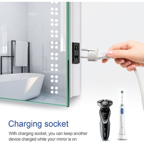 Meykoers LED Bathroom Mirror 700 x 500 mm with Demister Pad and Touch Switch, Illuminated Bathroom Mirror with Shaver Socket, Adjustable brightness