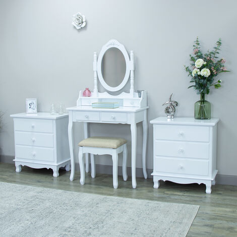 White Bedroom Set, Dressing Table, Mirror, Stool & 2 Chests - Lila Range - White