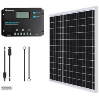 Kit Solar Renogy 50W 12V con Panel Solar, Regulador de Carga PWM LCD 10A 12/24V, Cables de Conexión y USB 5V - Para Autocaravanas, Barcos, Remolques y Sistemas Aislados