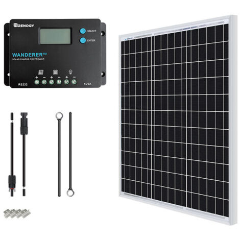 Renogy Kit Solare 50W 12V con Pannello Solare, Regolatore di Carica PWM LCD 10A 12/24V, Cavi di Collegamento e USB 5V - Per Camper, Barche, Rimorchi e Sistemi Off-Grid