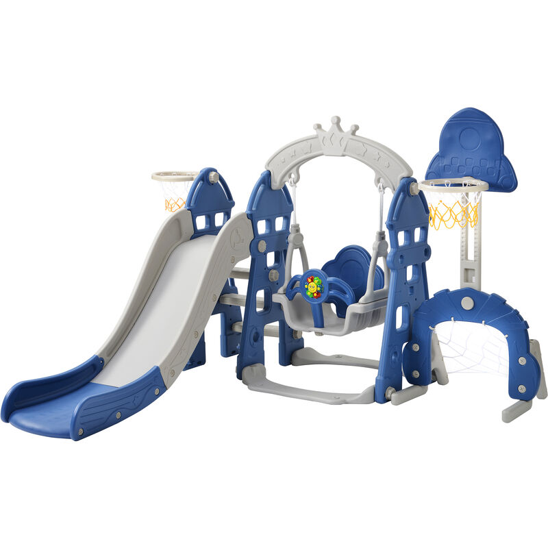 Scivolo grande per bambini 6 in 1 con canestro palla lancio dell'anello e  cannocchiale, Set da gioco Blu - Costway