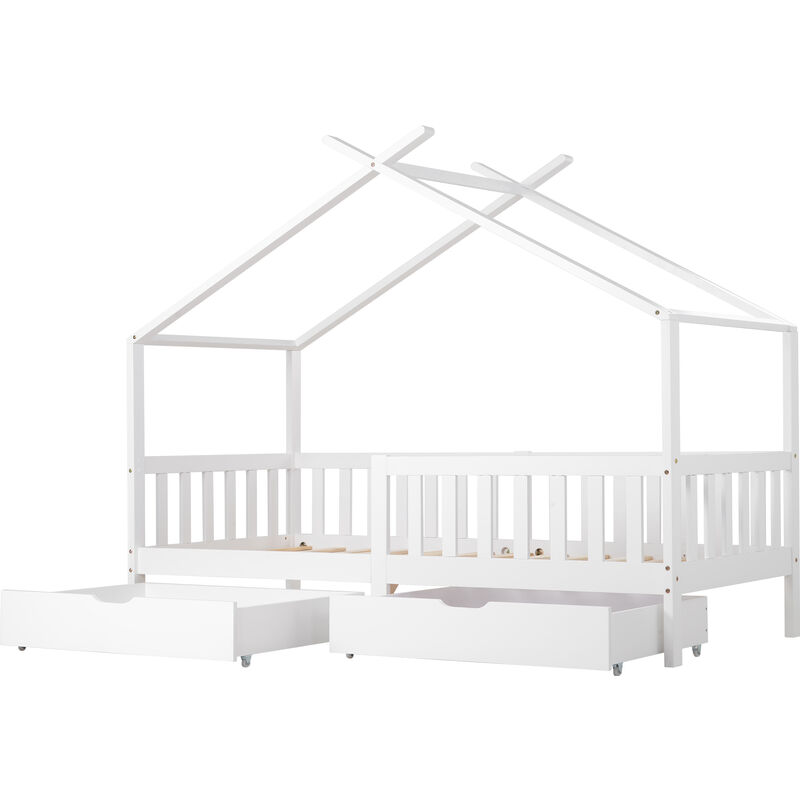 Letto per bambini con 2 cassetti - Letto per bambini in legno massello di  pino bianco - Rete inclusa - 90 x 200 cm