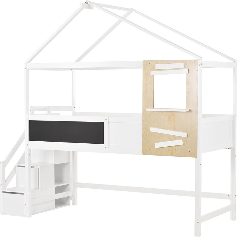 Letto A Soppalco Bambini 90x200 Cm Con Scala E Cassetto | Legno Di Pino E MDF | Bianco | Certificato EN747