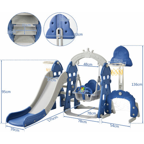 Set 5 in 1 per scalatore e altalena per bambini con canestro da basket  rimovibile, porta da calcio, set da gioco per interni/esterni, blu