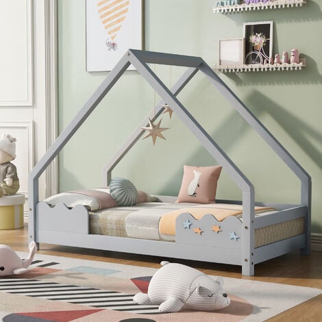 Letto per bambini 80x160cm letto per bambini in legno di pino letto per  bambini casa per bambini con protezione anticaduta e rete a doghe, grigio