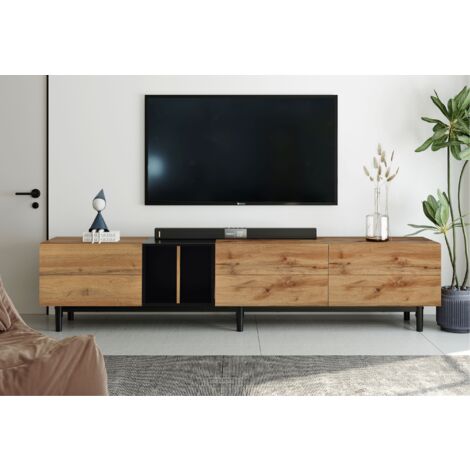 Mobile TV basso con design bicolore, mensole e 3 ante, mobile TV rovere selvatico Tavolo TV 195x48x37cm, in piedi e vintage industriale, colore legno+nero (1/5)