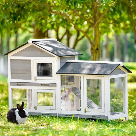 Gabbia per conigli in legno massello 160x55x94 cm pollaio con 3 ante, 2 livelli, casa a due piani con rampa e giardino, grigio