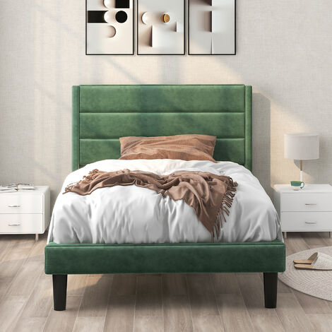 Letto imbottitoetto in tessuto velluto con giroletto e testiera, 90x200cm, verde scuro (1/5)