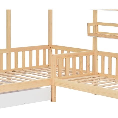 Letto per bambini 90x200 cm/140x70 cm letto da casa con cassetti e ripiani,  letto da gioco in legno massello con recinzione e rete a doghe, naturale