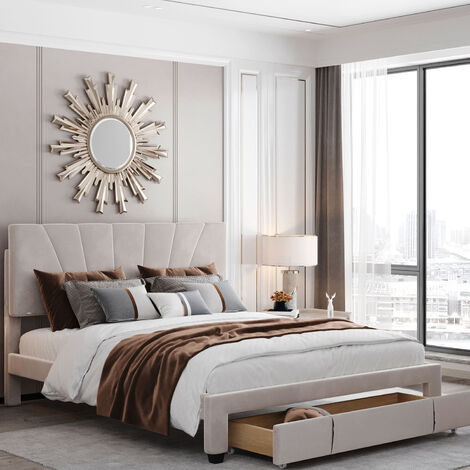 Letto Matrimoniale Imbottito 140x200 Cm Con Contenitore – Beige – Testiera A Canali – Con Rete A Doghe