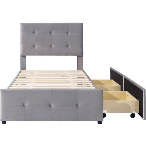 Letto imbottito 90 x 200 cm, schienale e due cassetti Letto singolo  Testiera regolabile in altezza Tessuto vellutato, Grigio