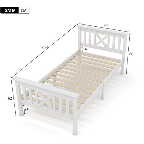 Letto in legno 90 x 200 cm, letto singolo composto da giroletto con rete a  doghe, con testiera, pino massiccio, bianco