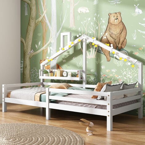 Letto per bambini 90x200cm, Letto a casetta con ripiano, in legno massello  con recinzione, bianco