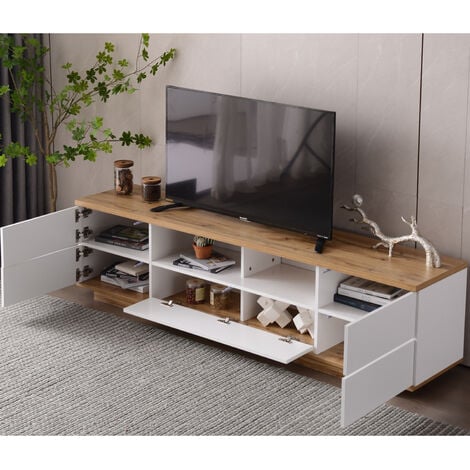 Mobile TV Moderno lucido, Mobile TV 180 cm con ampio vano portaoggetti e design bicolore, ante con funzione soft-close, rovere+bianco