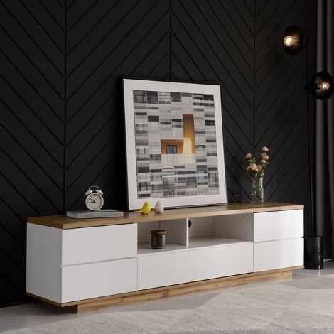 Mobile TV Moderno lucido, Mobile TV 180 cm con ampio vano portaoggetti e design bicolore, ante con funzione soft-close, rovere+bianco
