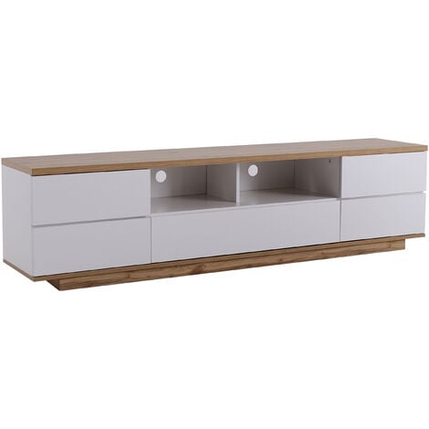 Mobile TV Moderno lucido, Mobile TV 180 cm con ampio vano portaoggetti e design bicolore, ante con funzione soft-close, rovere+bianco