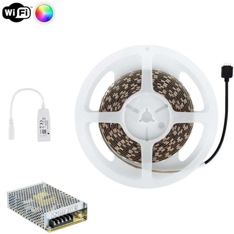 Kit Tira Rgb 24v dc 60ledm 5m wifi ip20 ancho 10mm fuente de alimentación y controlador corte cada 5cm