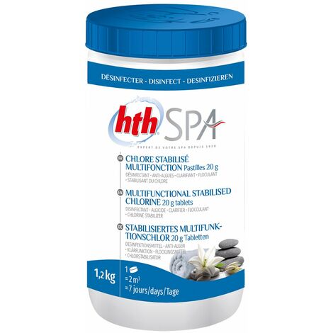 HTH – Désinfectant chloré de piscine pastilles 20g – 1,2kg – Efficace pour spa – 251416
