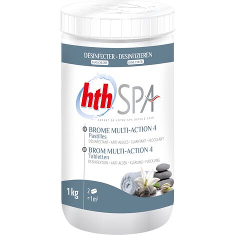 HTH – Brome Multi-Action 4 pour spa – 4 en 1 : désinfection, anti-algues, clarifiant, floculant – Pastilles 20g – 1kg