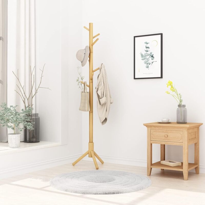 Safstar 8-Hook Freestanding Coat Rack - Adjustable Height Wooden Tree For Jackets, Hats & Bags