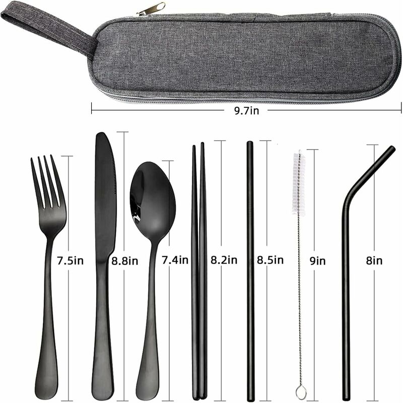 7pcs/set Stainless Steel Knife, Fork, Spoon, Chopsticks, Straws With Zipper  Bag, Portable Outdoor Travel Cutlery & Straw Set
