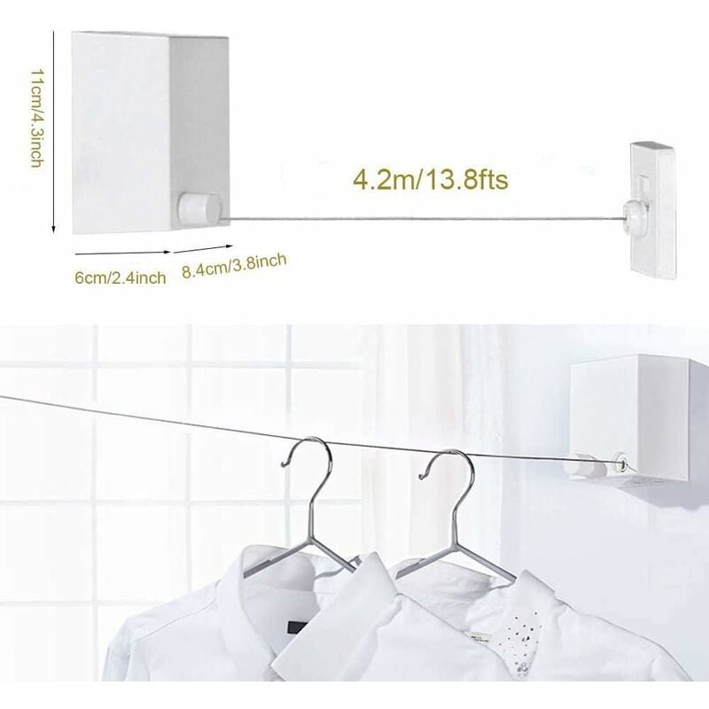 Indoor Outdoor Retractable Clothesline Wall Mounted Laundry Drying Rack  with Adjustable 4.2M/13.8ft Steel Rope Rope (Silver)