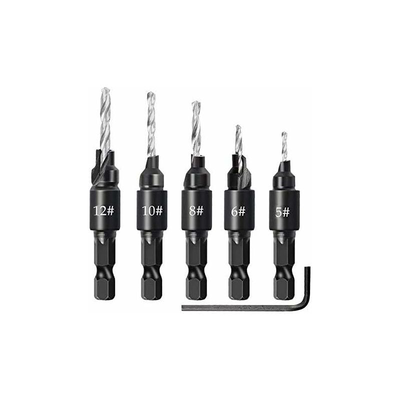 Countersink Drill Bit Set 5 Pc #4#6#8#10#12 Tapered Drill Bit for  Woodworking