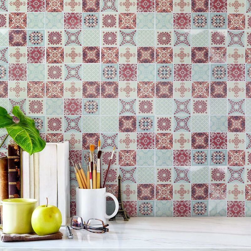 25 Pcs Adhesive Tiles 15x 15cm Wall Stickers Flat Square Adhesive Tile  Stickers with Tile Patterns for Bathroom and Kitchen Stickers (15x 15 cm,  Multi)