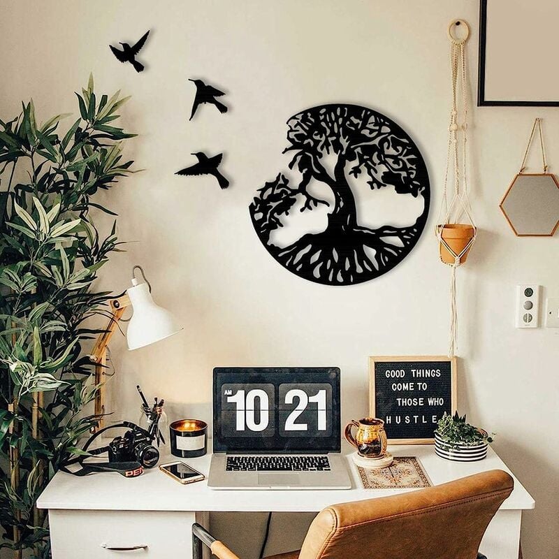 11.8 Black Metal Tree Of Life Wall Art - 3 Flying Birds Wall Sculpture -  Indoor And Outdoor Bedroom Decor, Modern Round Wall Decor