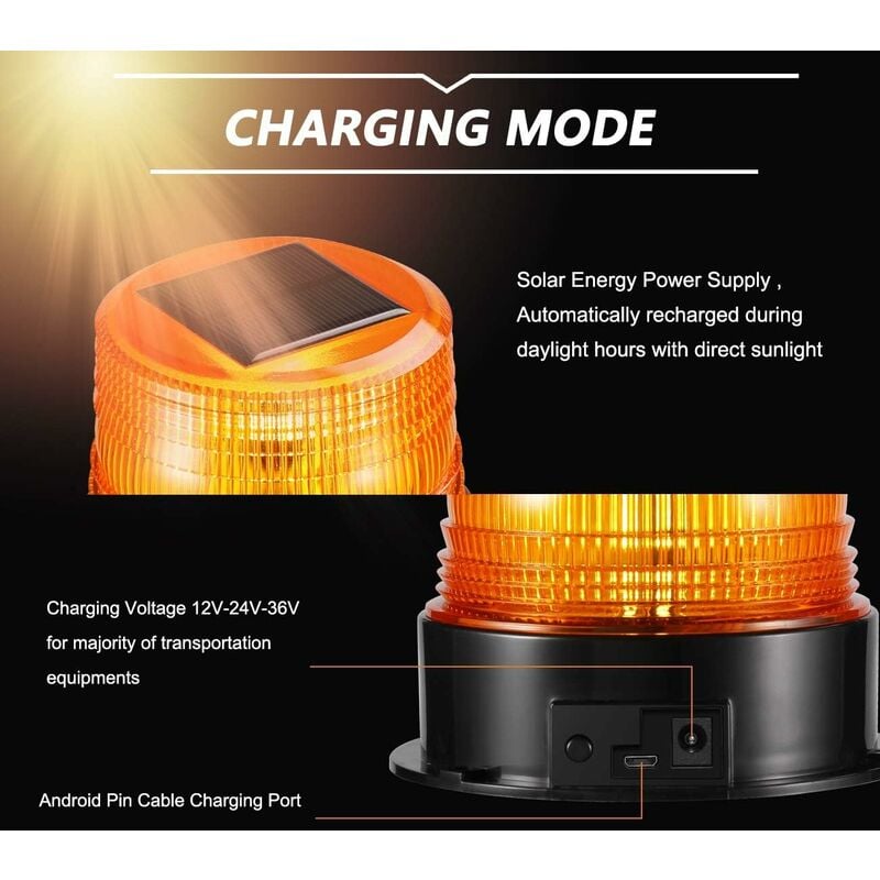 Orange flashing warning light, emergency light LED with charger