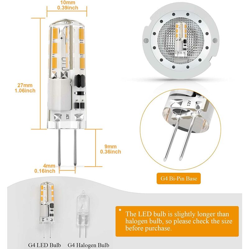 DiCUNO G4 LED Bulbs 12V - 2W Natural White 4000K JC Bi-Pin Lights - Pack Of 10