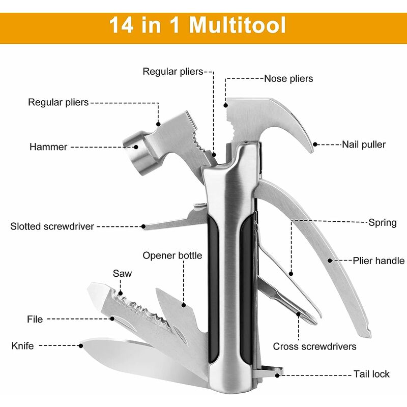Nail Puller, Hammer, Survival Hatchet, Survival Knife, 14 in 1  Multifunction Pliers, Multifunction Knife, Survival Gear, Multitool for Men  Father's Day Gift