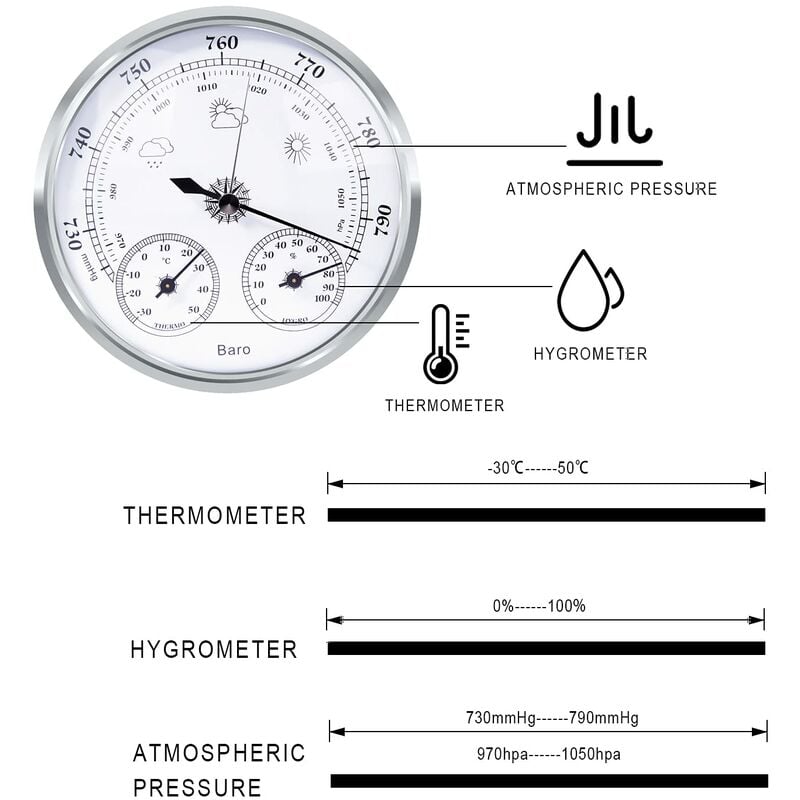 Analog Weather Station,barometer,thermometer,hygrometersilver,128mm