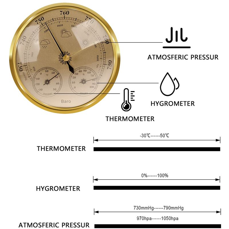 THB9392 Wall Hanging Household Weather Station Barometer Thermometer Hygrometer, 128mm (Gold) - THB9392 128mm Gold