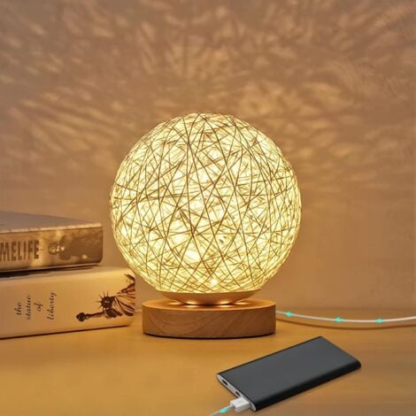 Rattan Night Light, Wooden Table Lamp with Handwoven Shade, USB Rechargeable, Rattan and Wood Bedroom Mood Lamp for Bedroom, Living Room, White
