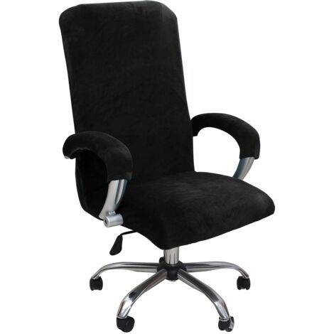Office Chair Cover with Armrest Plush Velvet Solid Color, Removable and Durable Elastic Fabric Chair Cover for Rotating Office Chair, Black(XL)