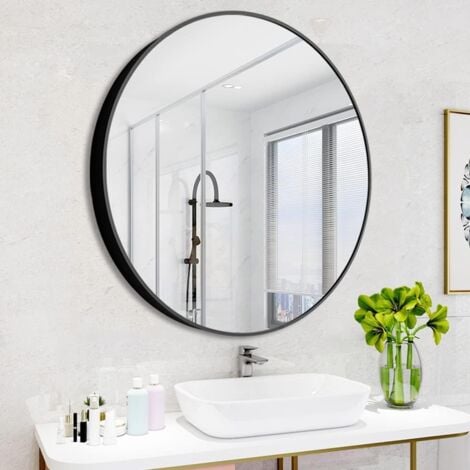 Round bathroom mirror without lighting Black 60 cm Wall mirror with black plastic frame Decorative round mirror with black edge